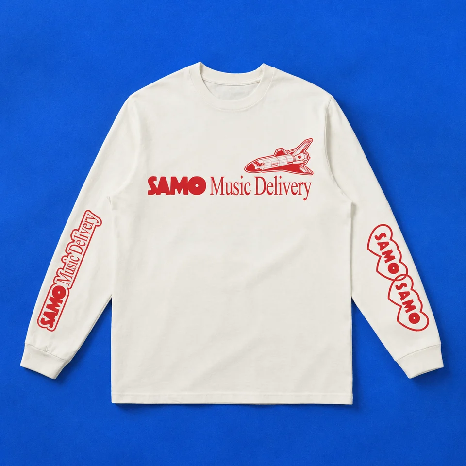 Maglia a maniche lunghe bianco panna con stampa rossa SAMO Music Delivery